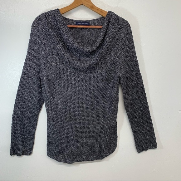 Jones NY Sweater Woman Large Silver Metallic Cowl Neck Long Sleeve Casual Work - Picture 1 of 8